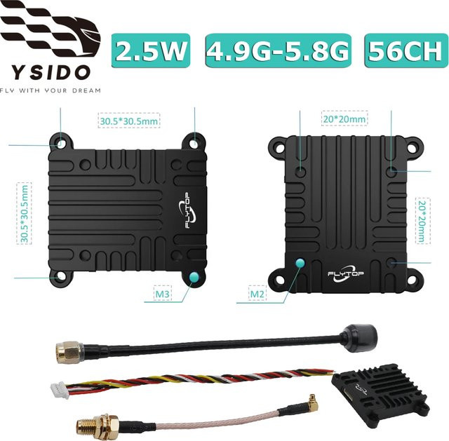 YSIDO RC FPV VTX Sender mit Antenne, 2,5 W High Power, 4,9 G-5,8 G, 56 CH, Schwarz - Bild 1