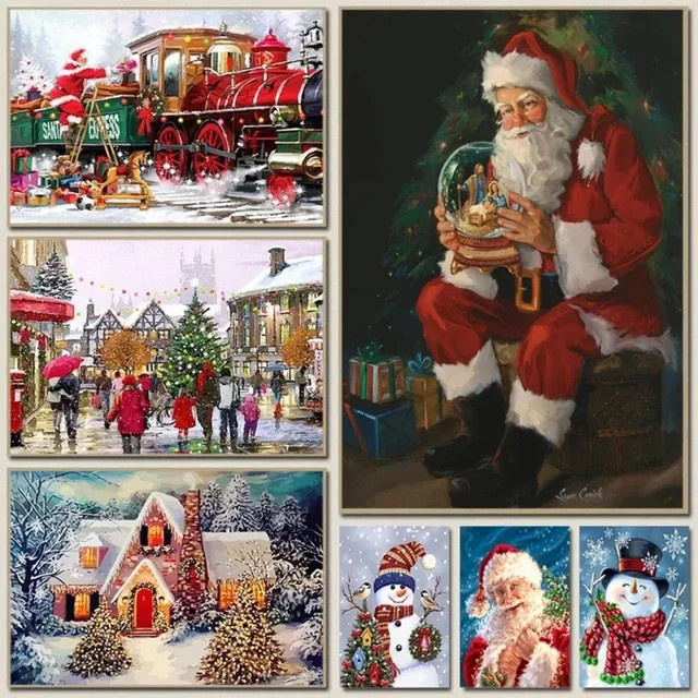 Potdemiel Leinwandgemälde Weihnachten mit Weihnachtsmann und Schneemann, Mehrfarbiges Wandbild im Porträtformat - Bild 1