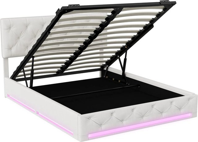 PXloue Polsterbett Doppelbett mit LED-Beleuchtung und hydraulischem Stauraum in Beige mit Leinenbezug, B/T/H: 160 x 200 x 113 cm - Bild 1
