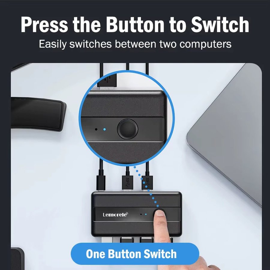 Lemorele USB 3.0 KVM Switch Adapter mit 2 Eingängen und 4 Ausgängen, USB Switcher für Tastatur und Drucker, Schwarz - Bild 3