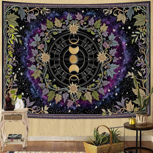VIKAMA Wandteppich mit Hexen- und Blumenmuster, Boho Wandbehang mit Mondphasen und floralem Design in Multicolour - Bild 1