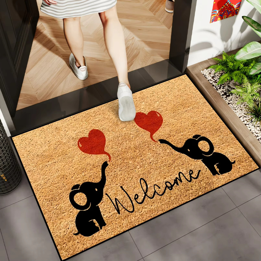 VIKAMA Elefanten Willkommens-Fußmatte in Herzform, rutschfester Coir-Teppich für Innen und Außen, Braun, B/T: 60 x 40 cm - Bild 5