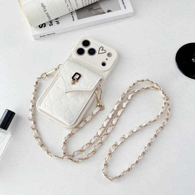 Strap Geldbörse Hülle für iPhone 17 Pro Max, 16 Plus, 15, 14 Pro Max mit Kartensteckplatz und Metall-Umhängeband in Transparent/Weiß - Bild 1