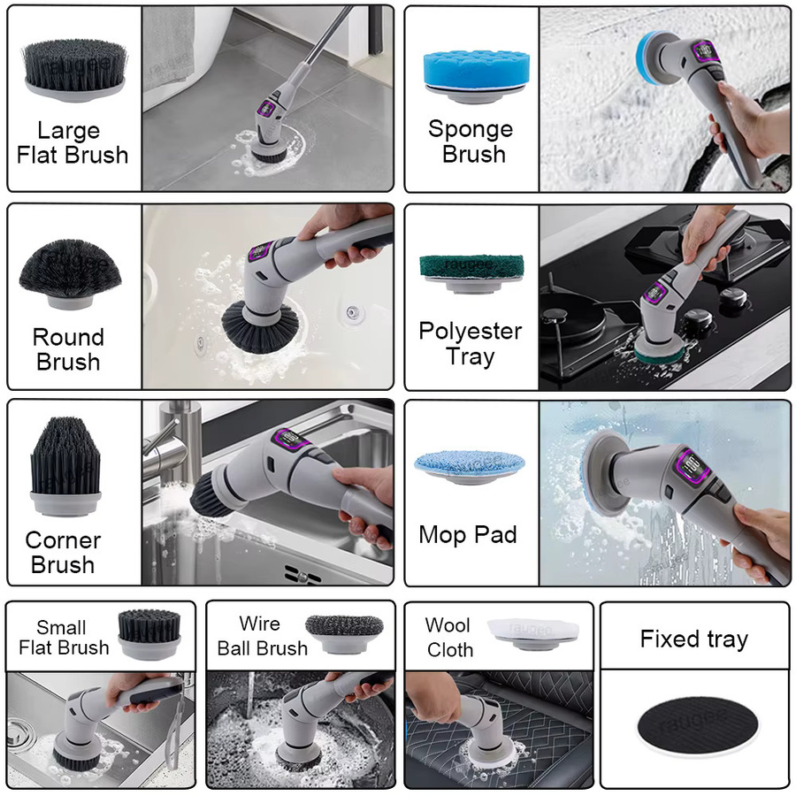 Multifunktionale elektrische Badezimmer-Reinigungsbürste von ragee, 10-in-1 kabelloser Schleuderschrubber für Haushalt, Küche und WC in Grau und Weiß - Bild 5