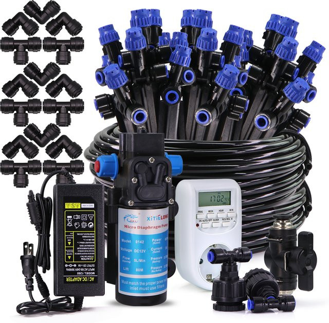 Automatisches Gartenbewässerungssystem mit 60 W selbstansaugender Pumpe, verstellbaren Sprinklern und Tropfern in Schwarz - Bild 1