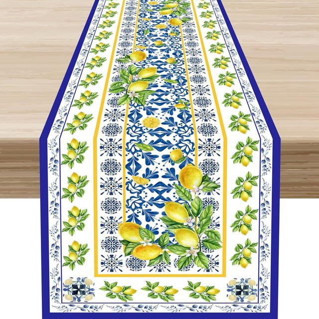 JMG Household Supplies Tischläufer aus Leinen mit Sommer-Zitronen- und blauen Fliesen-Motiv, B/H: 150 x 33 cm - Bild 1