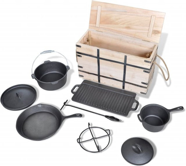9-teiliges Dutch Oven Set von VD Home Furnishing aus Gusseisen in Schwarz inklusive Holzkiste - Bild 1