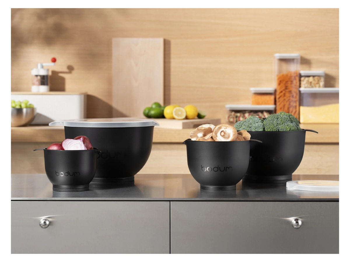 BODUM Bistro Rührschüssel-Set aus Glas, doppelwandig, schwarz, 3er-Set mit Volumina von 0,6 l, 3,0 l und 6,5 l - Bild 2