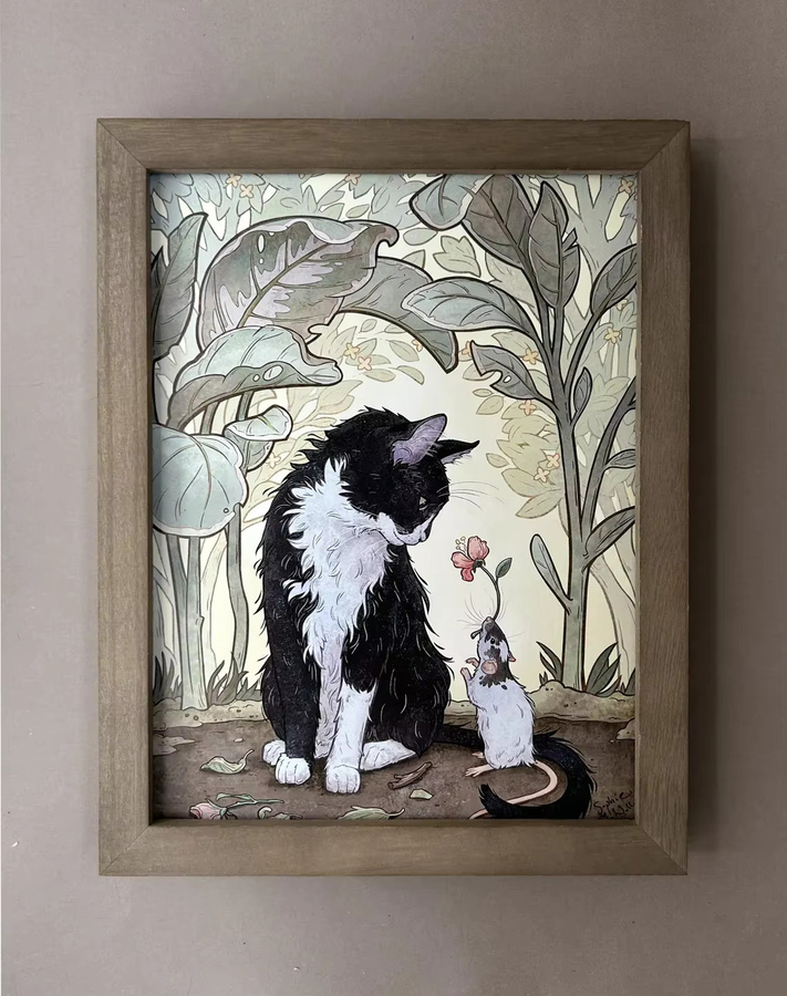Kunstdruck Smoking-Katze und Ratte von SHENCHEN: Skurrile Art Nouveau Illustration als mehrfarbiger Paper Poster Wanddeko - Bild 2