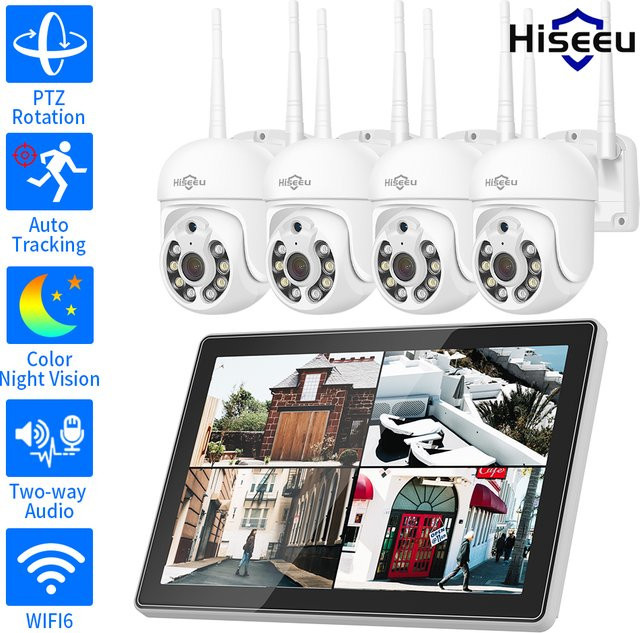 Hiseeu IP Kamera Überwachungssystem Set mit 10,1 Zoll Monitor, 10 Kanäle NVR, 3/5MP PTZ Kameras, Nachtsicht und WLAN, Weiß - Bild 1