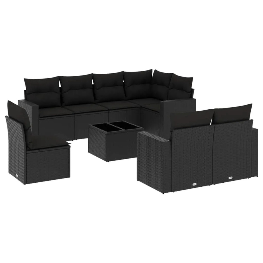 vidaXL 9-tlg Garten-Sofagarnitur in L-Form aus schwarzem Poly-Rattan mit UV-beständigen Kissen und pulverbeschichtetem Stahlgestell - Bild 2