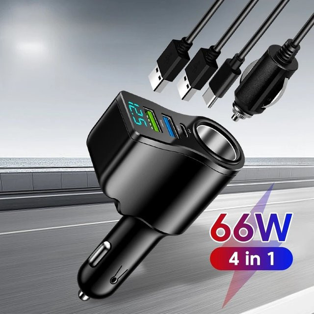Multifunktionaler 66 W Auto-Ladegerät mit 4 Ports und Dual USB PD Schnellladegerät für iPhone, Huawei und iPad, Farbe: Schwarz - Bild 1
