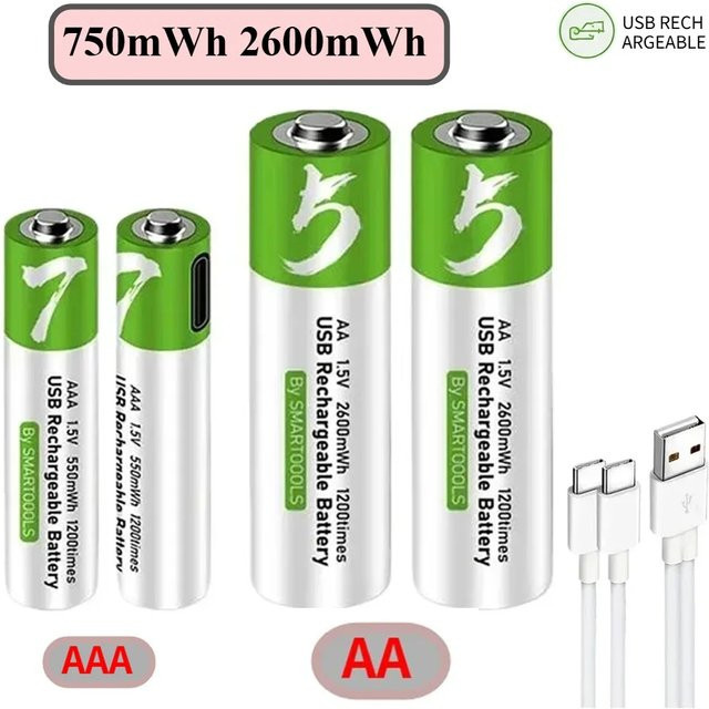 Wiederaufladbare AA und AAA Batterien Typ-C in Grün mit 750mAh und 2600mAh für Wecker, Bluetooth-Lautsprecher, Maus und Spielzeug - Bild 1