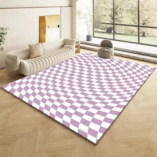 Karpetti Retro Schachbrett Teppich in Lila, weicher Plüschteppich für Wohnzimmer und Schlafzimmer, rutschfest und waschbar, B/T: 120 x 80 cm - Bild 1