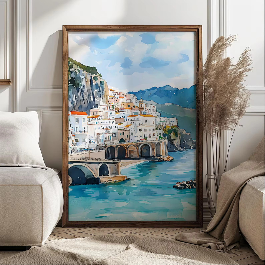 Aquarell Kunstdruck Amalfi Küste Italien als mediterrane Küstenlandschaft Wanddekoration in Mehrfarbig - Bild 2