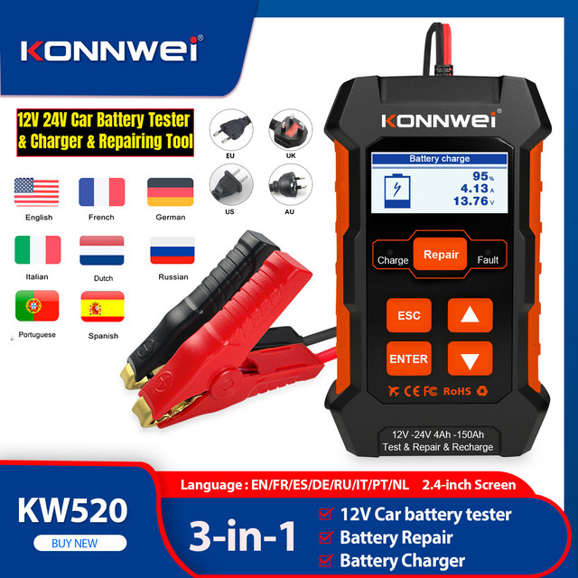 KONNWEI KW520 3 in 1 Multifunktionaler Autobatterietester und Ladegerät für Blei-Säure, AGM und Gel Lithium Batterien in Schwarz - Bild 1