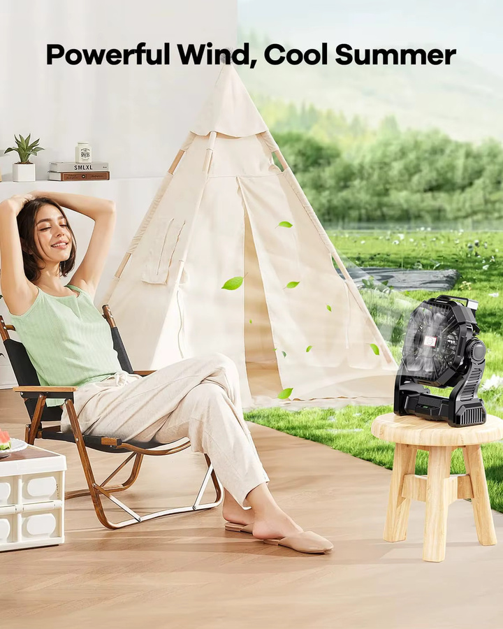 Tragbarer Camping-Ventilator mit 30000mAh Akku und LED-Laterne, wiederaufladbarer Outdoor-Ventilator für Reisen und Schlafzimmer in Pink oder Schwarz - Bild 2