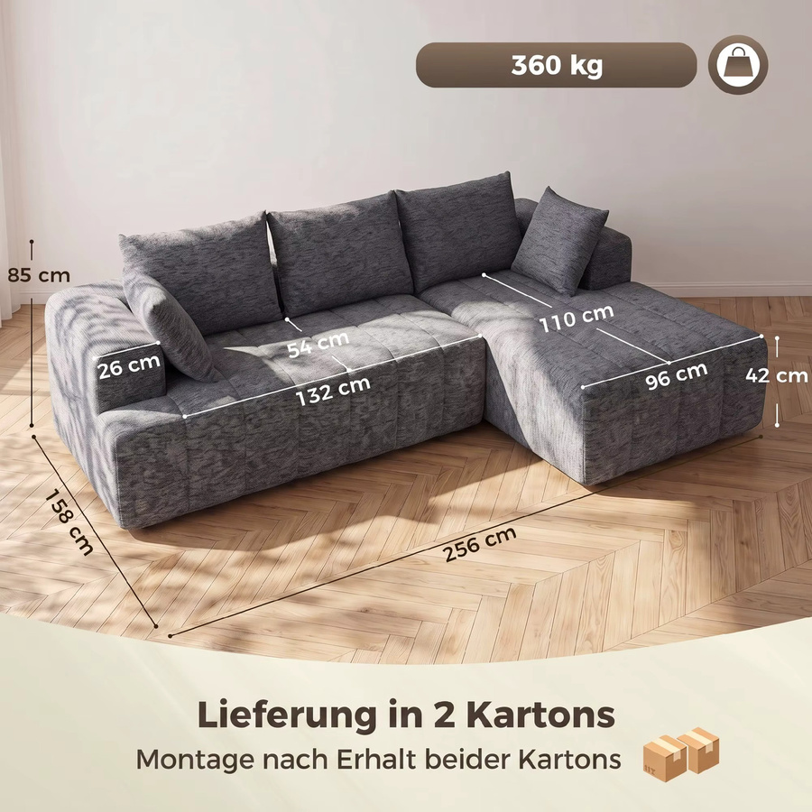 HOMCOM Ecksofa L-Form in Grau mit Schlaffunktion und Kissen, modularer 3-Sitzer in Chenille-Optik, Breite: 256 cm - Bild 3