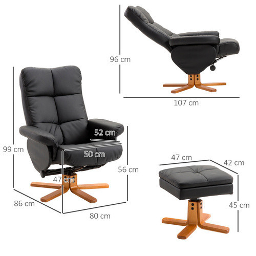 HOMCOM Relaxsessel mit Hocker, 360° drehbar mit Liegefunktion, Kunstleder und Holzgestell, Schwarz, B: 86 cm, H: 99 cm, T: 80 cm - Bild 3