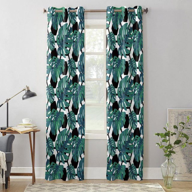 Super Six Fenstergardine mit tropischem Blättermuster in Grau und Grün, semi-transparent, B: 135 cm, H: 60 cm - Bild 1