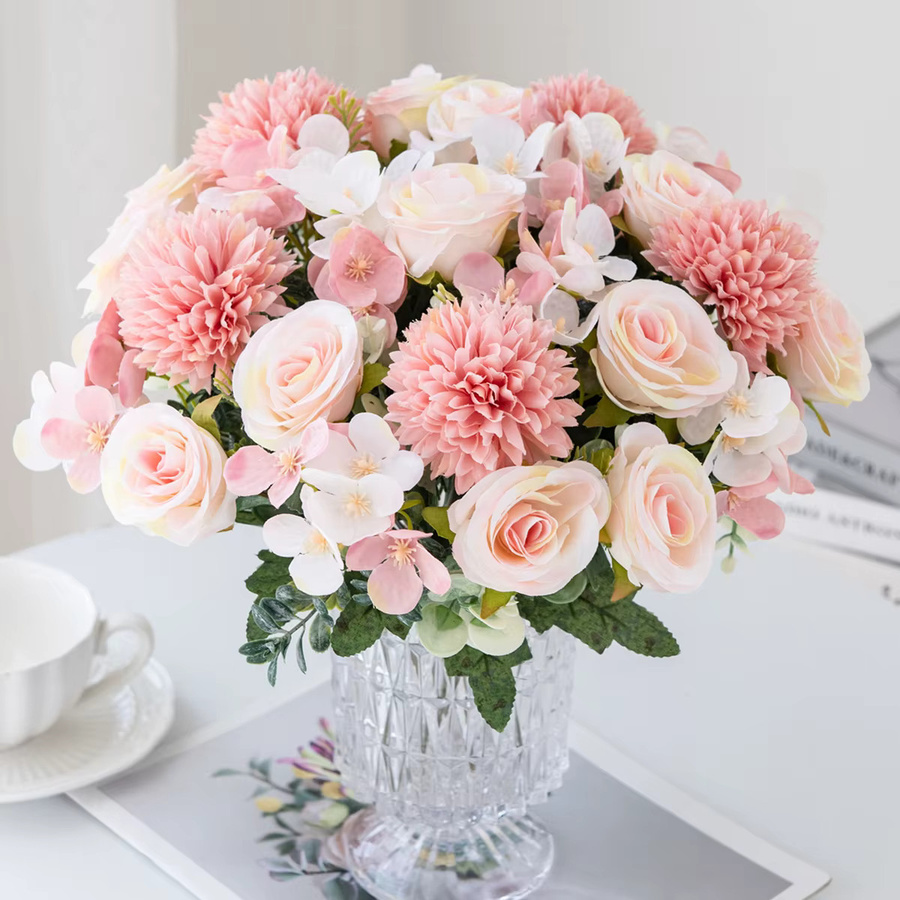 Künstliches Blumenbouquet aus Seide mit Rosen, Pfingstrosen, Hortensien und Nelken in Pink für deine Tischdekoration bei Hochzeiten oder Partys - Bild 2