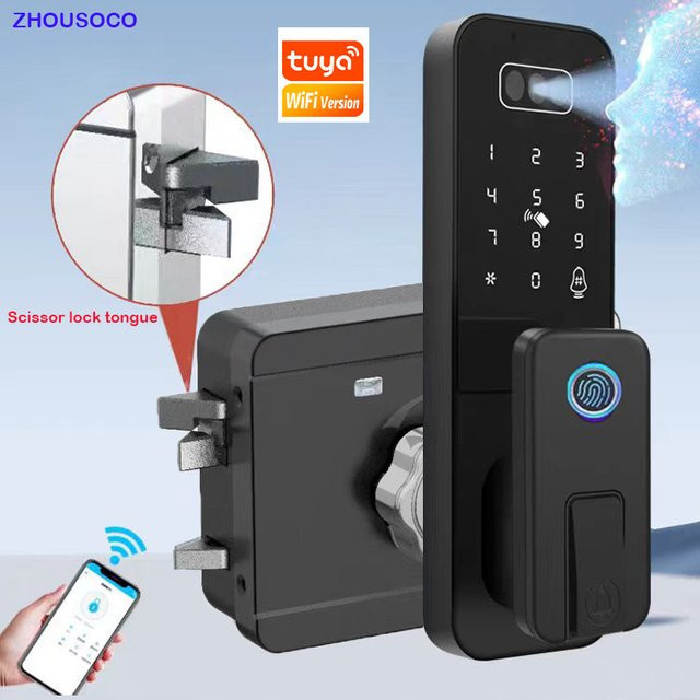 Intelligentes elektronisches Außentürschloss mit 3D-Gesichtserkennung, Fingerabdruck und Tuya WiFi App in Schwarz - Bild 1