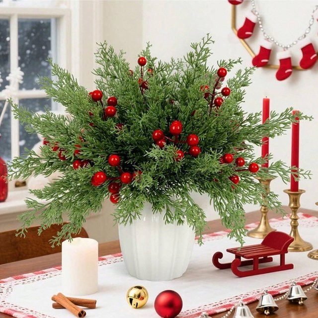 50 Stück künstliche Holly-Pflanzen mit roten Früchten in Rot und Grün für Weihnachts- und Neujahrsdekorationen - Bild 1