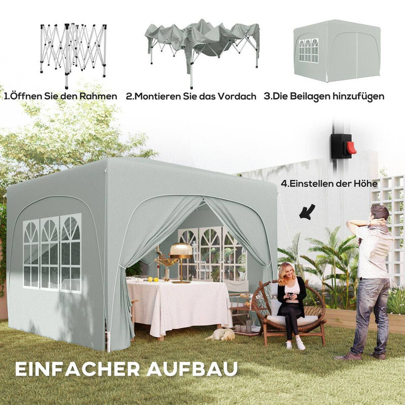 Outsunny Pop-up Faltpavillon mit 4 Seitenteilen und UV-Schutz 50+, wasserabweisend und winterfest, Hellgrau, B/H/L: 300 x 273 x 300 cm - Bild 4