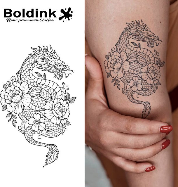 Boldink Nicht permanentes Tattoo, Blumen- und Drachen-Design, wasserfest - Bild 1