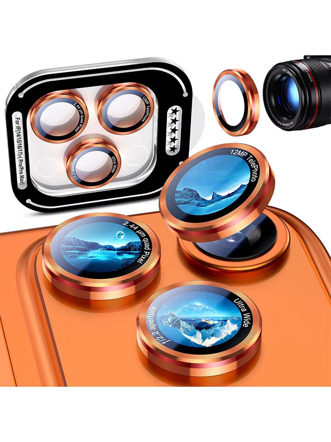 NYFundas Kameraobjektiv-Schutzhülle aus gehärtetem Glas und Metall für iPhone 17 Pro Max, 16 Plus, 15, 14, 13 Mini und 17 Pro in Orange - Bild 6