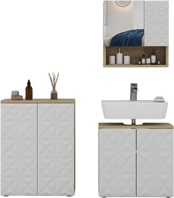 Vicco Badmöbel-Set Edge in Weiß und Eiche bestehend aus 3 Teilen inklusive Spiegelschrank, Waschbeckenunterschrank und Badezimmerkommode - Bild 2