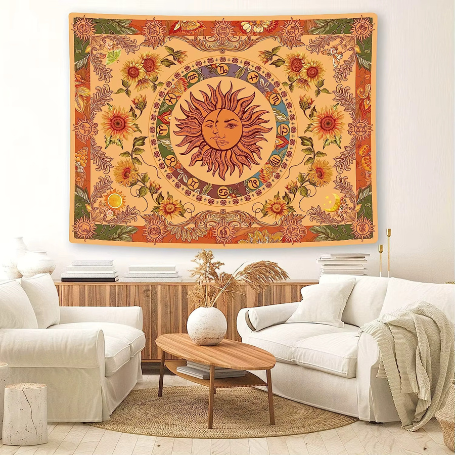 VIKAMA Wandteppich im Boho-Stil mit gelber Sonne, Mond und Mandala-Motiv, dekorativer Wandbehang in Gelb, Breite: 150 cm, Höhe: 90 cm - Bild 2