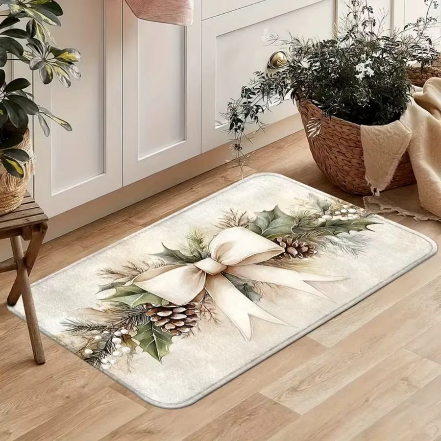 VIKAMA Weihnachtliche Fußmatte mit Schleife und Stechpalmenblatt für den Innenbereich, rutschfest, Home Decor - Bild 3