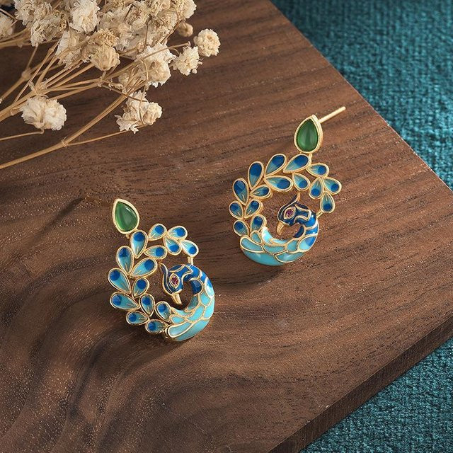YIRAN Jewelry Ohrringe, Emaille Porzellan, Pfau, Chrysopras, Damen, brown - Bild 1
