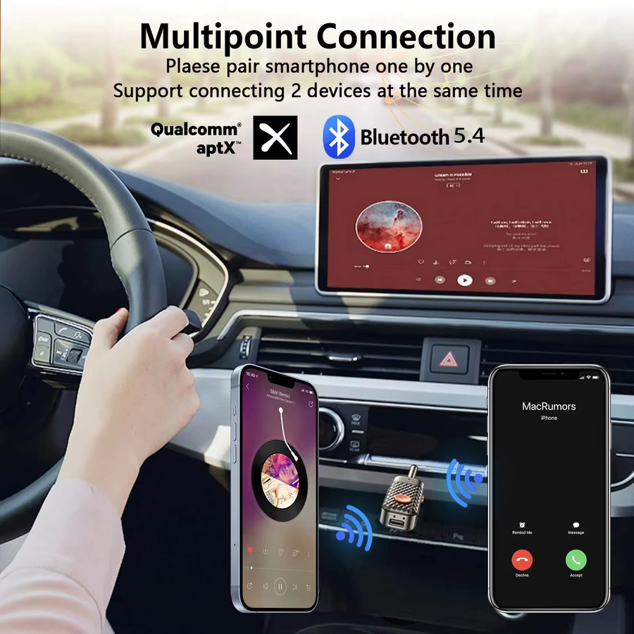 Kebidu Bluetooth 5.4 Audio Sender und Empfänger in Schwarz mit 3,5 mm AUX Anschluss und Mikrofon für Auto, Flugzeug, TV und PC - Bild 2