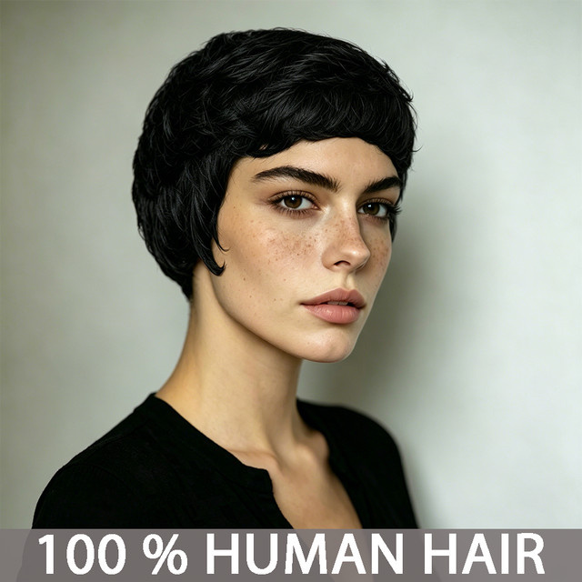 OYM HAIR Pixie-Cut-Perücke, brasilianisches Echthaar, schwarz, glatt - Bild 1