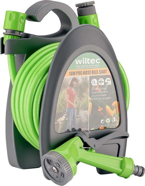 Wiltec Mini Schlauchabroller Grün-grau mit 10 m Schlauch, 2 Anschlüssen und verstellbarer Düse - Bild 1