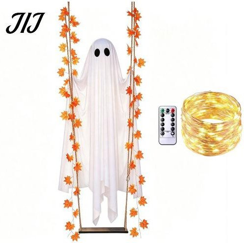 Zephyrfgg Halloween Dekoration Hängendes Gespenst mit Lichtern und Schaukel in Weiß - Bild 1