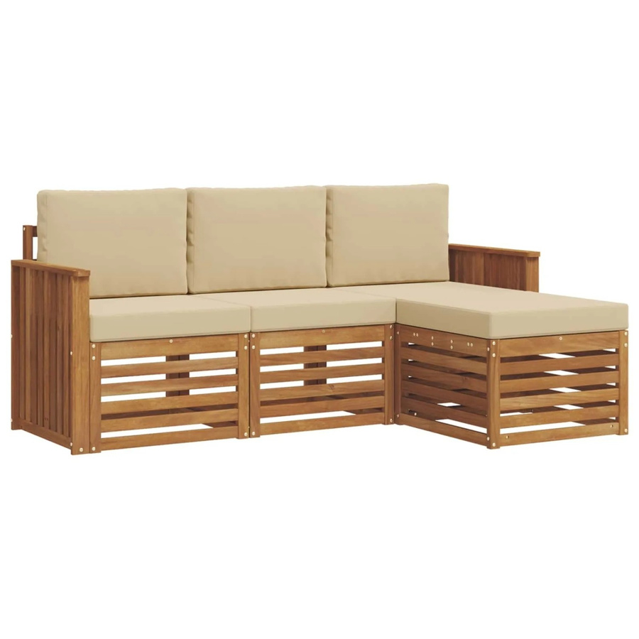 vidaXL Sofagarnitur 4-teilig aus Massivholz Akazie in Natur und Beige mit Sitzkissen und Rückenkissen im L-Shape Design - Bild 2