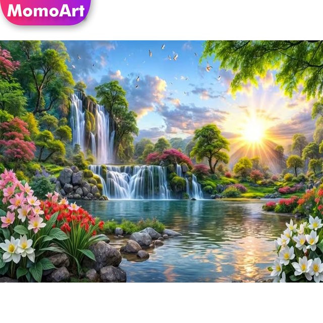 Momoart Diamant-Stickerei DIY Set Wasserfall-Landschaft mit Sonnenuntergang, Rundes Mosaik-Bastelset in Multicolour, Breite: 30 cm, Höhe: 20 cm, Tiefe: 20 cm - Bild 1