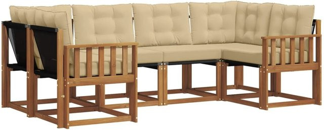 vidaXL Outdoor-Sofagarnitur 6-teilig L-Form aus Akazienholz mit Kissen in Natur und Beige - Bild 1