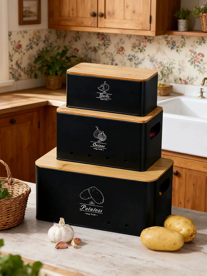 SAEIV 3-teiliges Metall-Kartoffelbox-Set mit Bambusdeckel in Schwarz oder Weiß, stapelbare Aufbewahrungsboxen für Kartoffeln, Zwiebeln und Knoblauch mit Lüftungslöchern - Bild 5