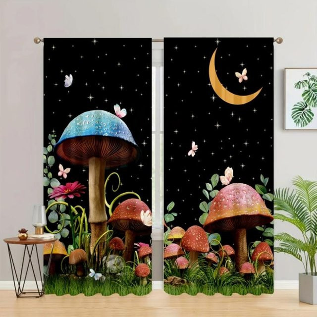 Hochverdunkelnde Vorhänge mit Mond und Pilz-Print von Yiran Furniture, Schwarz/Mehrfarbig, B: 55 cm, H: 120 cm - Bild 1