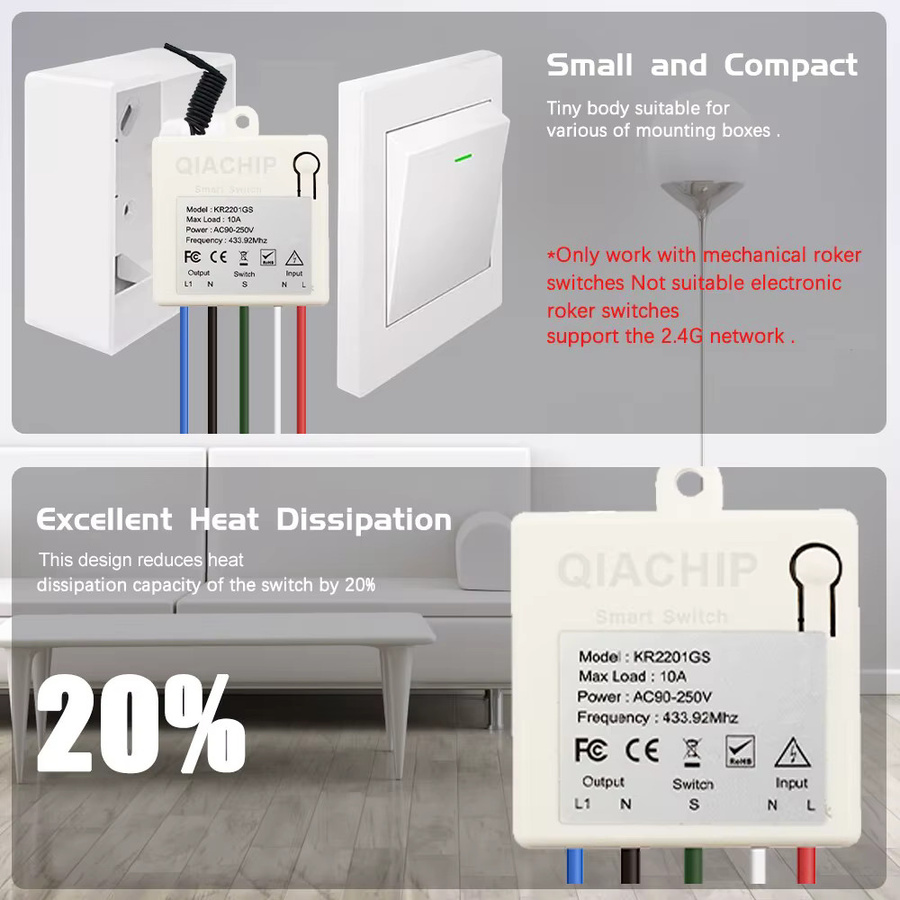 QIACHIP Drahtloser RF 433 MHz Schalter mit Fernbedienung und Mini-Relaisempfänger für 220 V LED-Lichtsteuerung, Weiß - Bild 3