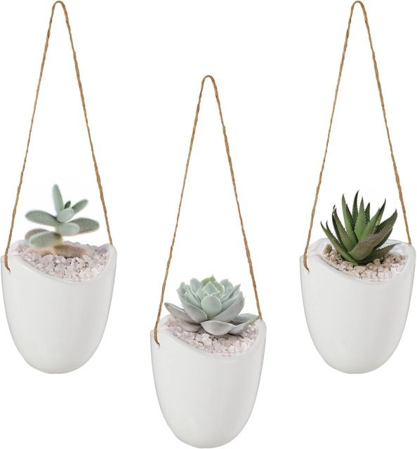 Relaxdays Wandvase aus Keramik mit Hanfseil in Weiß, 3er Set, B: 12,5 cm, T: 11,5 cm, H: 9,5 cm - Bild 1