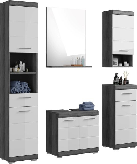 xonox.home Badmöbel-Set Scout 5-teilig in Eiche Rauchsilber und Weiß Hochglanz B/H/T: 164 x 191 x 34 cm - Bild 1