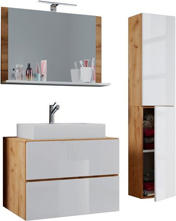 VCM Badmöbel Set Lendas 4-teilig in Beige und Weiß mit Eiche-Nachbildung, bestehend aus Unterschrank, Waschbecken und Hochschrank - Bild 1