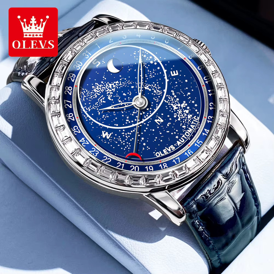 OLEVS Armbanduhr Automatik, Edelstahl, Leder, Blau, Mondphase, Herren - Bild 2