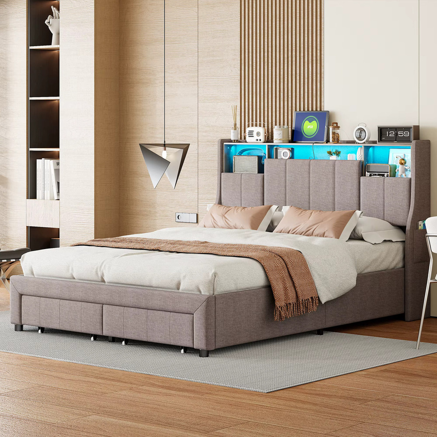 Superaly Polsterbett mit USB-Ladefunktion und LED-Beleuchtung in Grau, Jugendbett mit Stauraum und 2 Schubladen aus Leinen, B/T: 140 x 200 cm - Bild 3