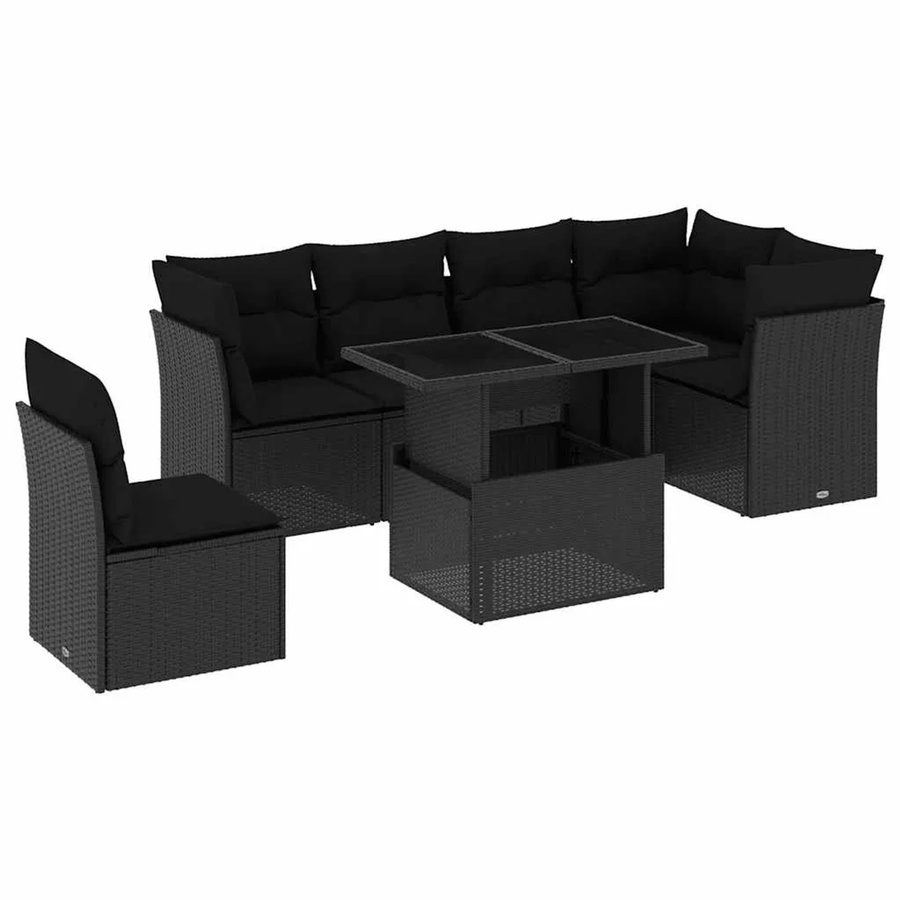 vidaXL 7-teilige Garten-Sofagarnitur in L-Form mit Tisch und Kissen, Schwarz, Poly-Rattan und pulverbeschichtetem Stahl - Bild 2
